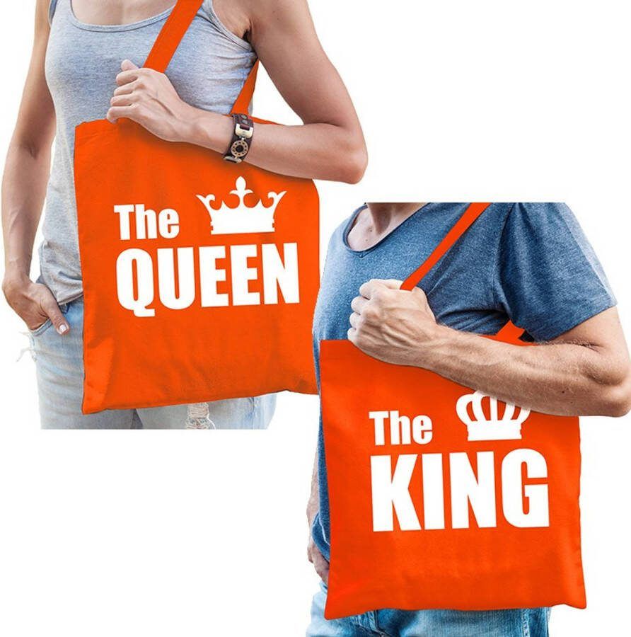 Bellatio Decorations Katoenen Tassen Oranje The King/The Queen Volwassenen Feest Boodschappentassen