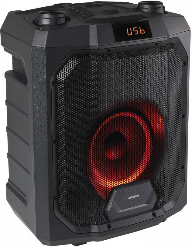 MEDION LIFE® P61988 Trolley Partylautsprecher mit Bluetooth®, LED Display, Karaoke Funktion, Bass Boost, farbige LED Lichter, ausziehbarer Teleskopgriff & Rollen, integr. Akku