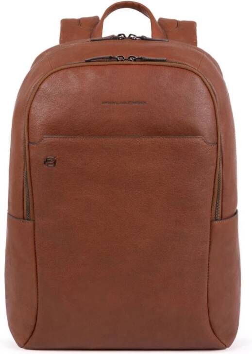 Piquadro Black Square Big Size Computer Backpack 15.6" With iPad Tobacco Leather