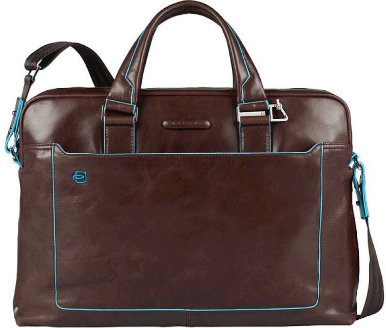 Piquadro Blue Square Double Handle Computer Portfolio Briefcase 14" Mahogany